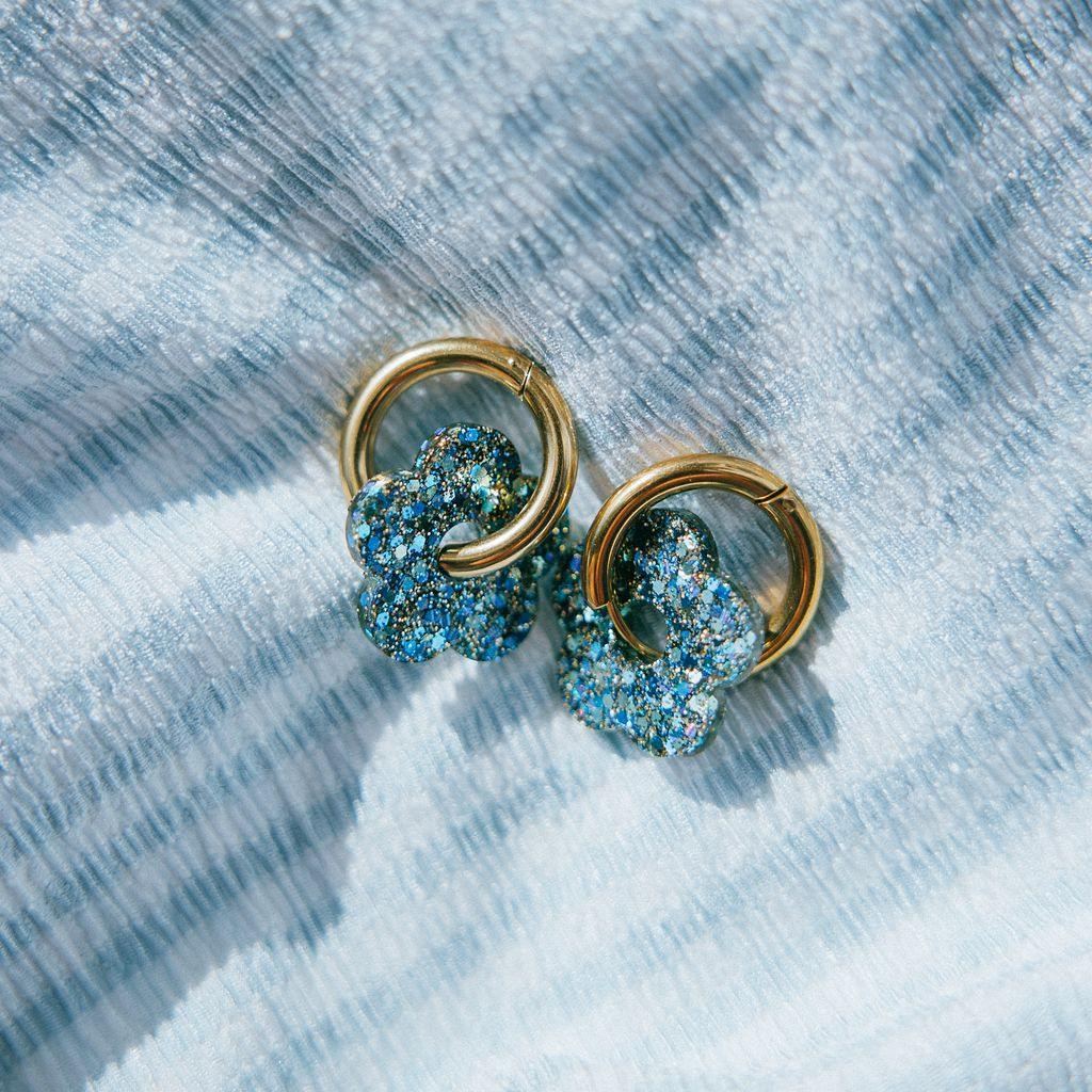 Blue Mixed Flower Hoop Earrings