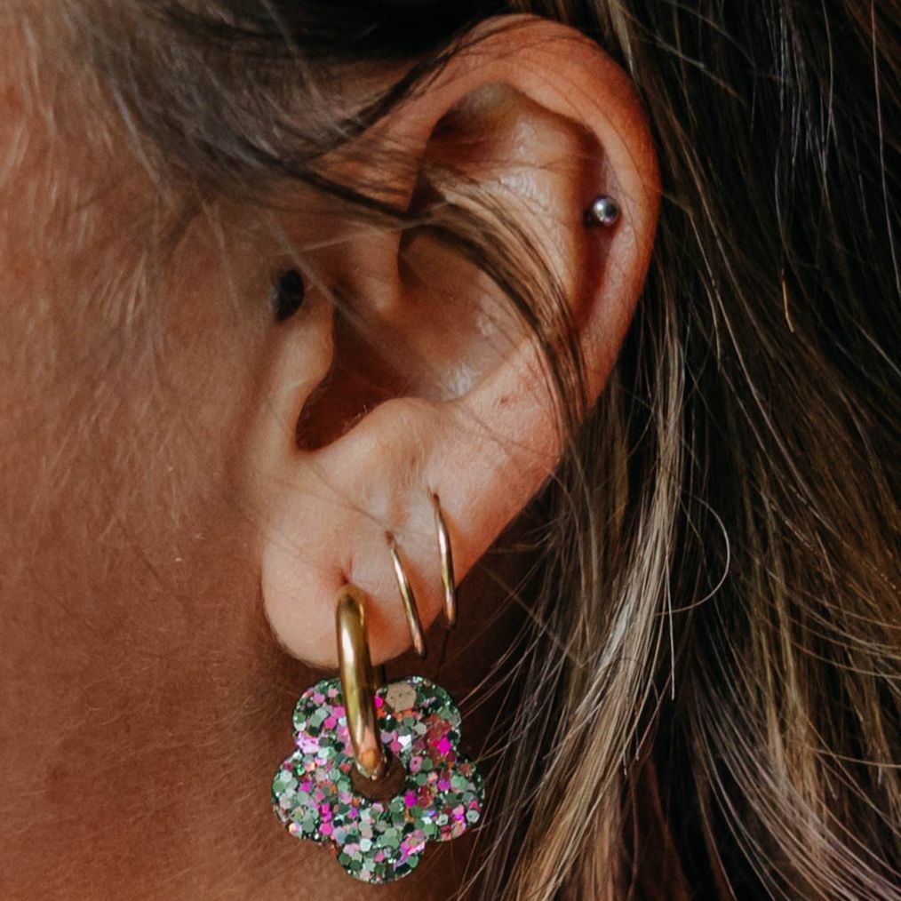 Mixed Green and Pink Flower Hoop Earrings