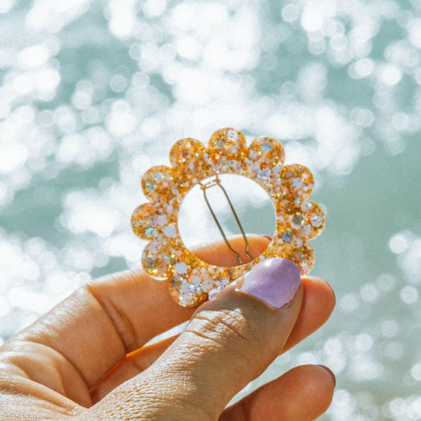 Barrette ronde Sunflower Ivoire Orange