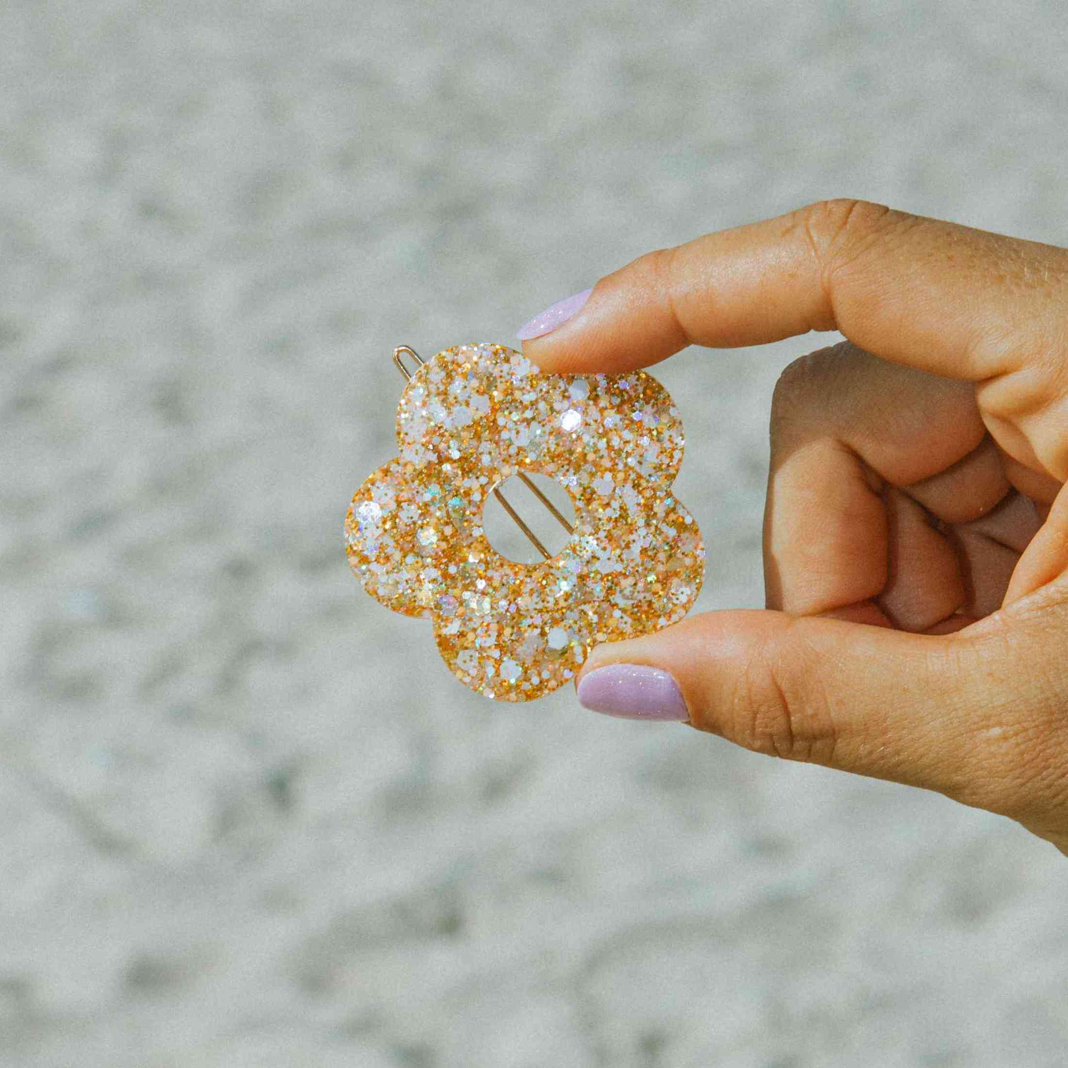 Barrette ronde Fleur Ivoire Orange