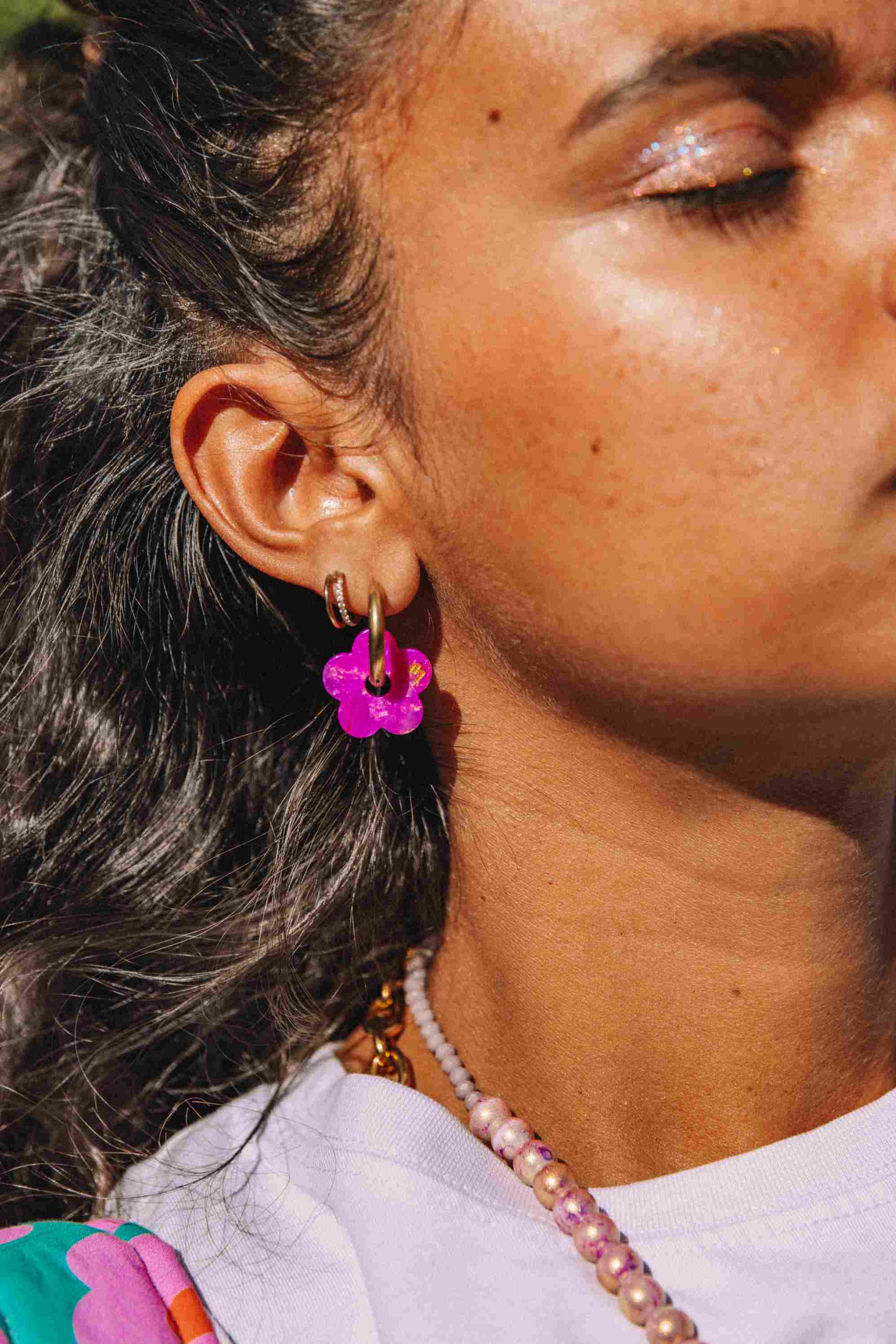 Flower Hoop Earrings Acetate Fuchsia