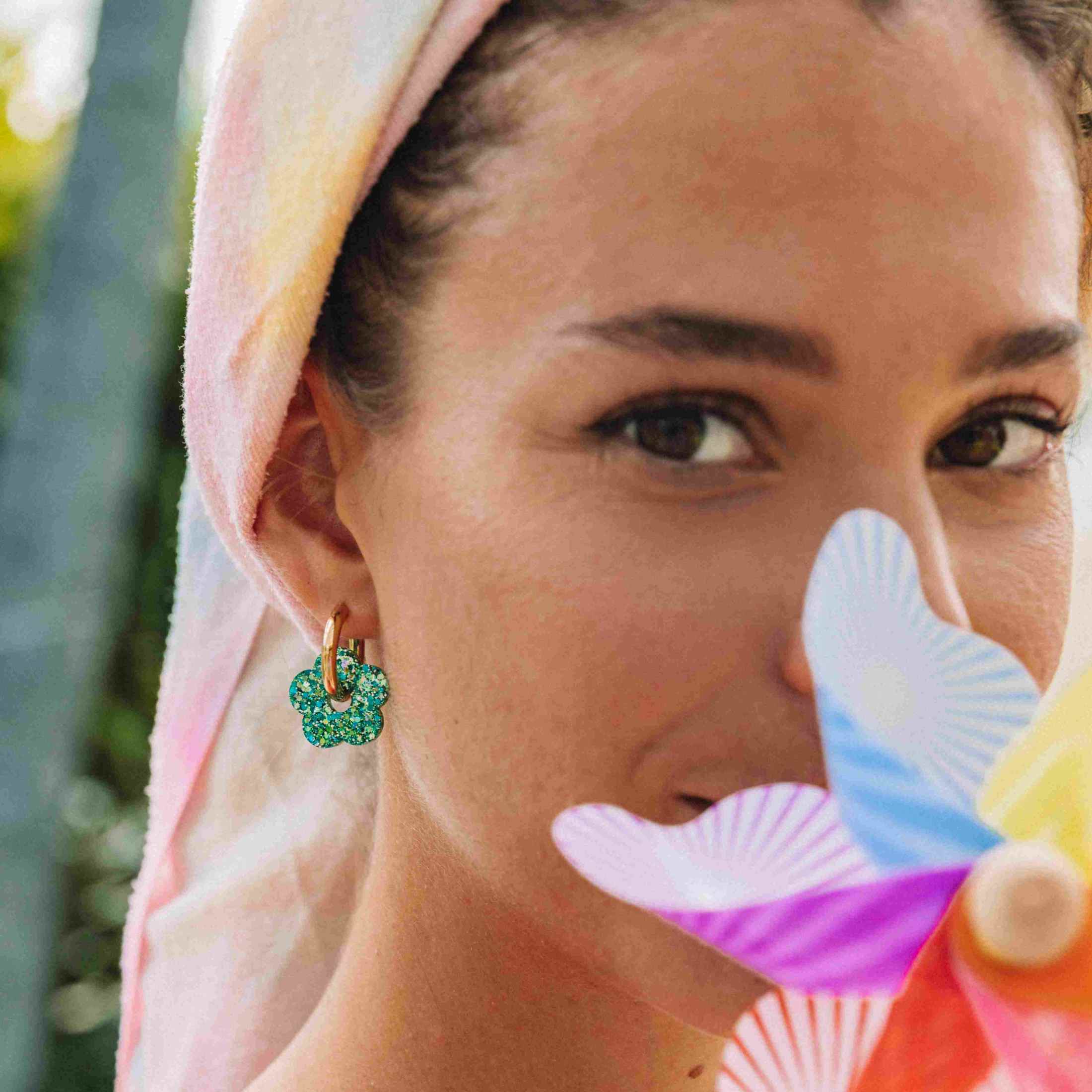 Mixed Green Flower Hoop Earrings 2.0
