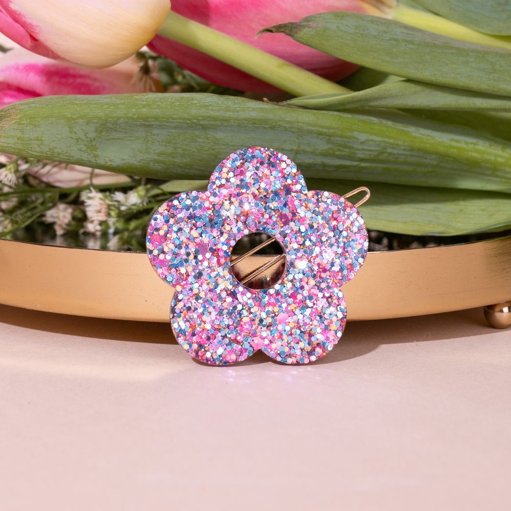 Barrette ronde Fleur Orange Bleu Parme