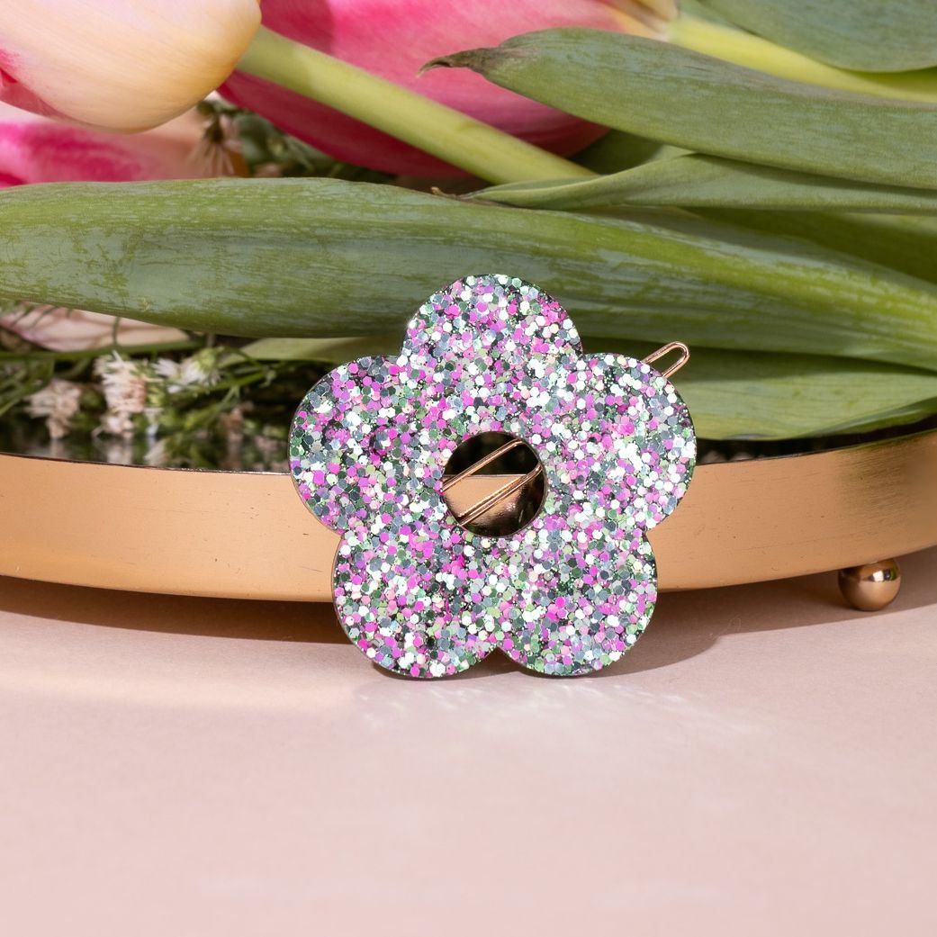 Barrette ronde Fleur Mix Vert Rose
