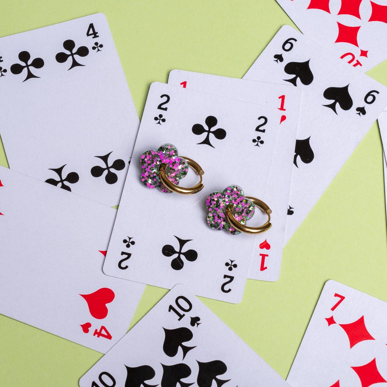 Mixed Green and Pink Flower Hoop Earrings