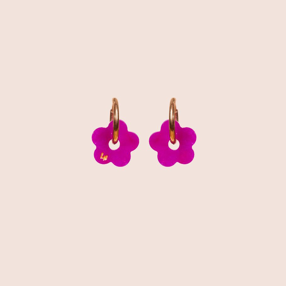 Mini Fuchsia Pink Acetate Flower Hoop Earrings