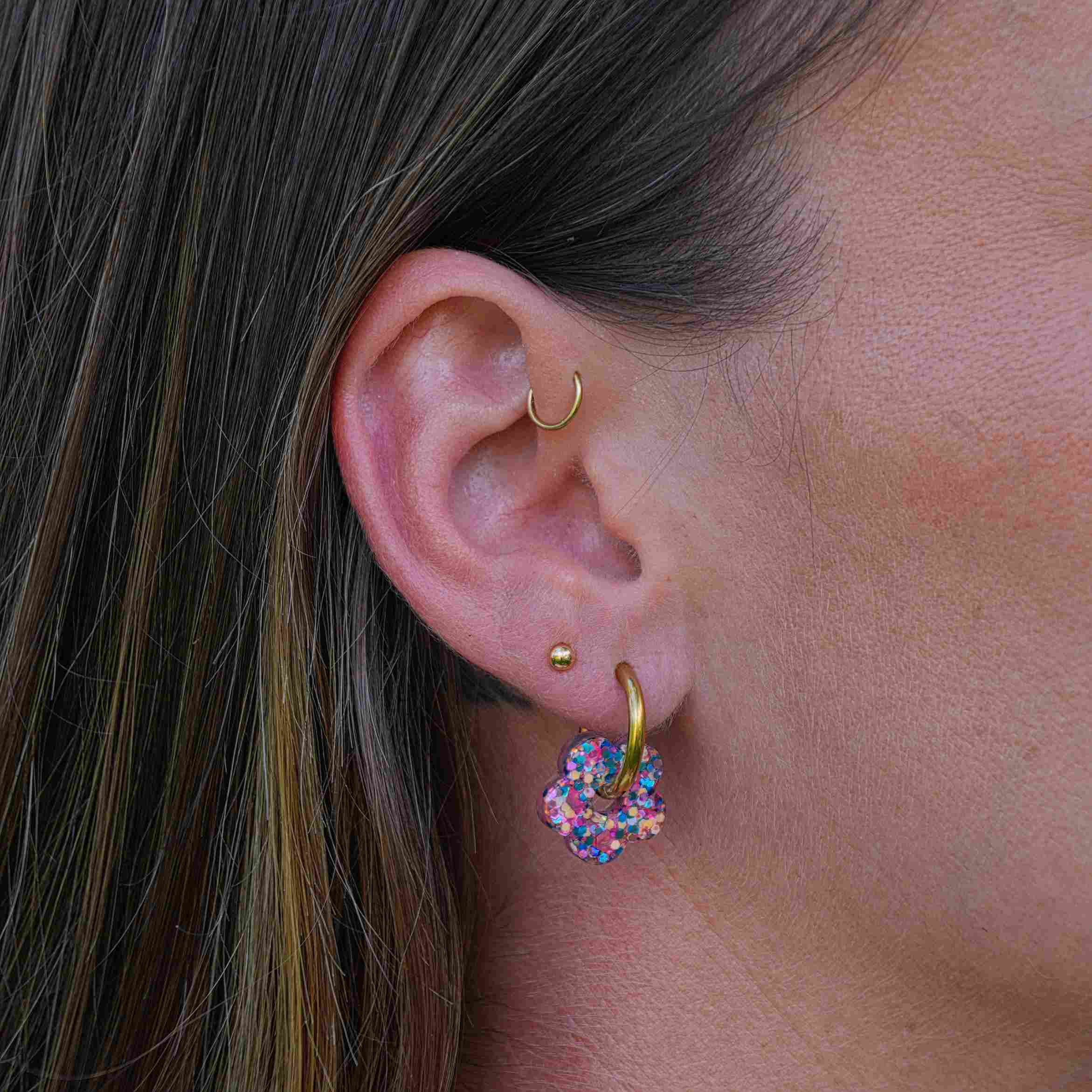 Mini Hoop Earrings Orange Blue Lavender Flower