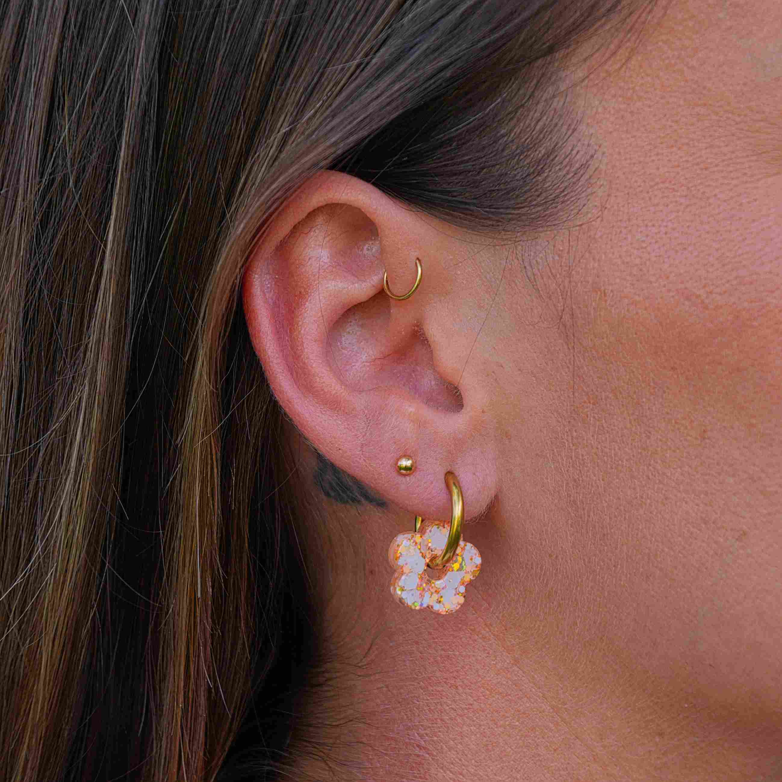 Mini Hoop Earrings Ivory Orange Flower