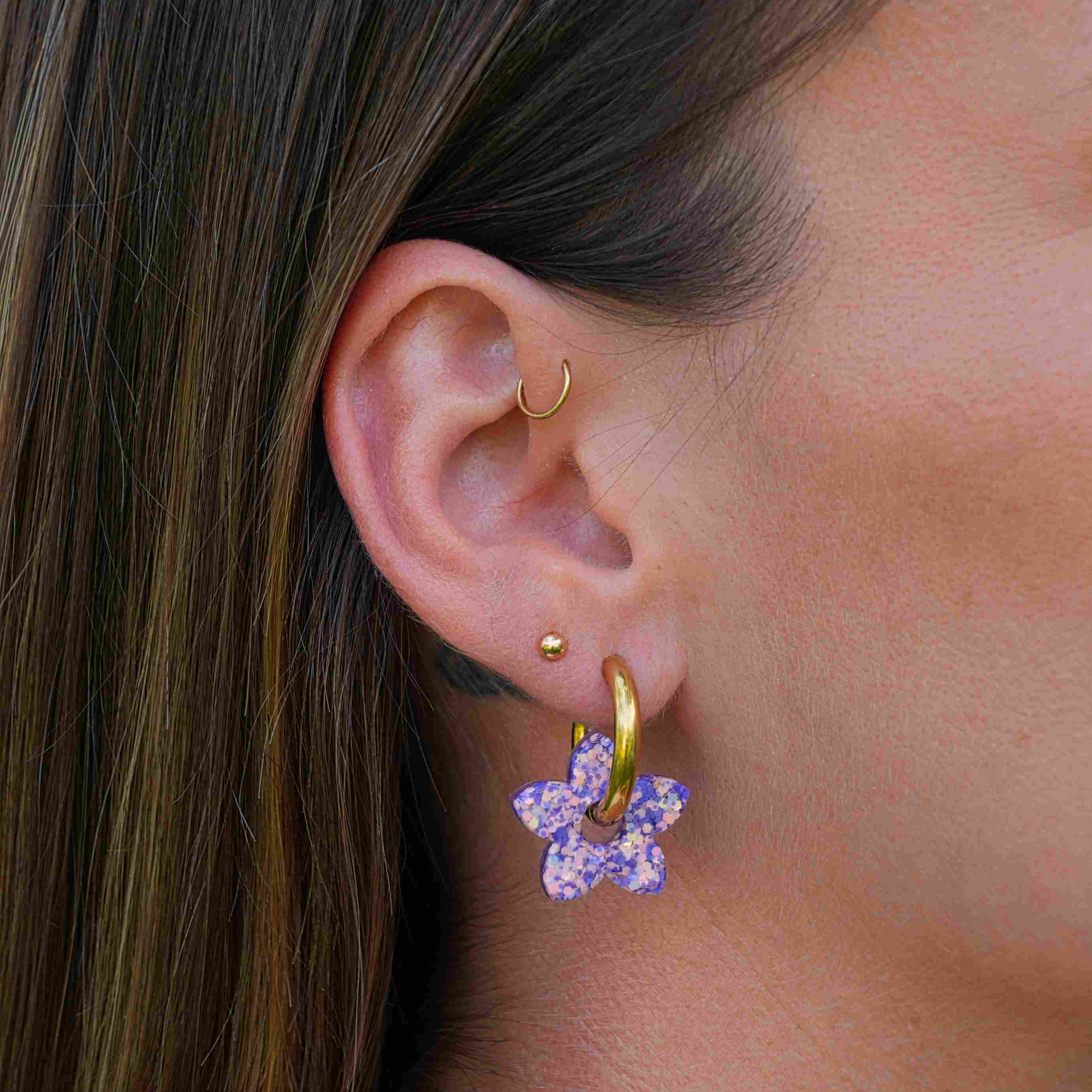 Créoles Tiaré Mauve Orange faites main en résine époxy, avec anneaux en acier chirurgical hypoallergénique