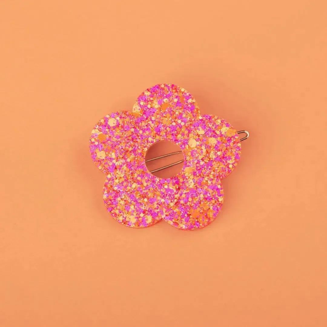 Barrette ronde Fleur Fuchsia Orange-Les Nicolettes