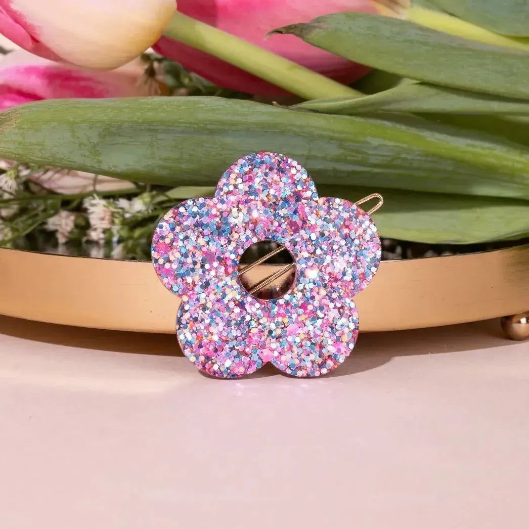 Barrette ronde Fleur Orange Bleu Parme-Les Nicolettes