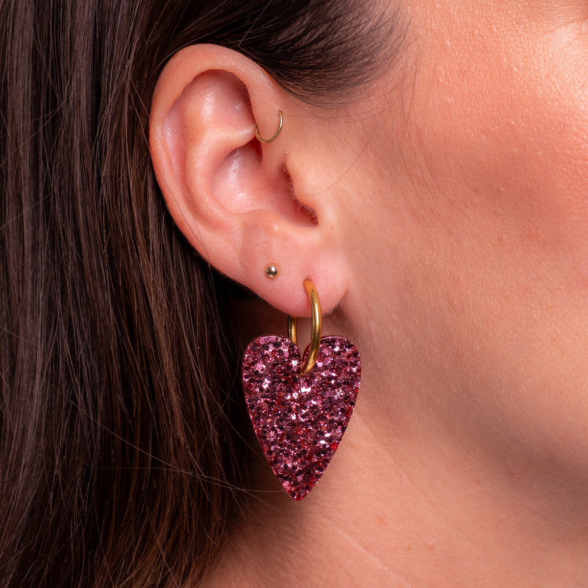 Boucles d'oreilles Cœur Champagne Rosé portées-Les Nicolettes
