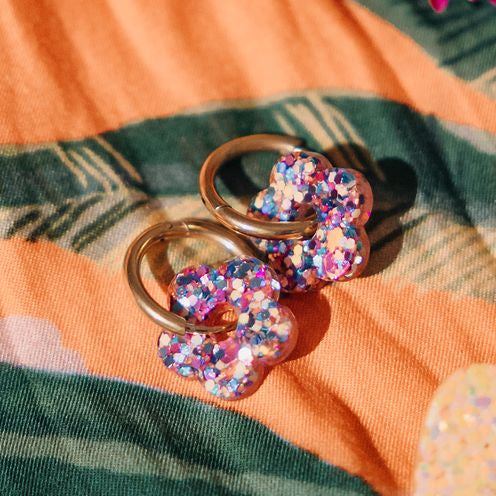 Orange Blue Lilac Flower Hoop Earrings
