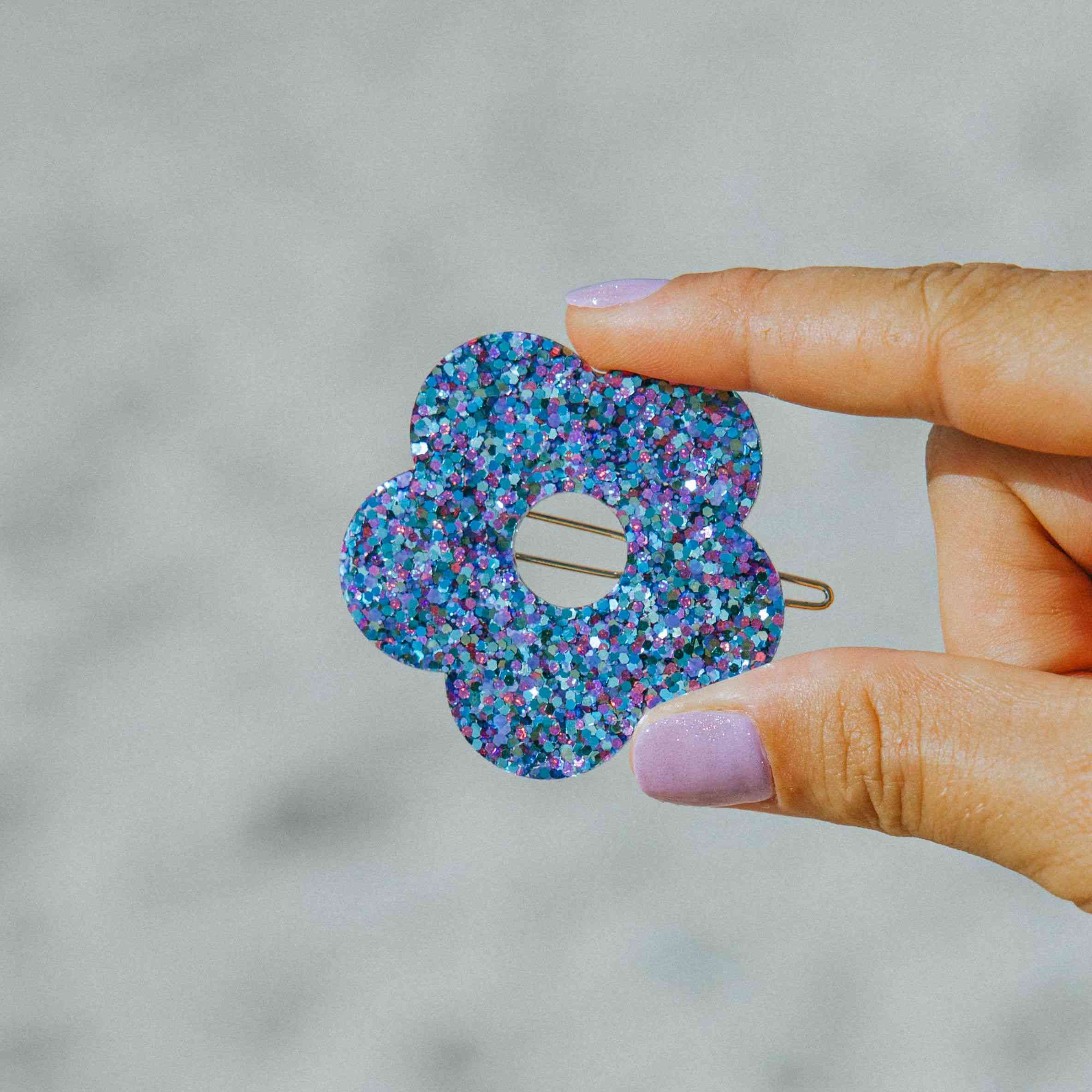 Barrette ronde Fleur Mix Violet Bleu