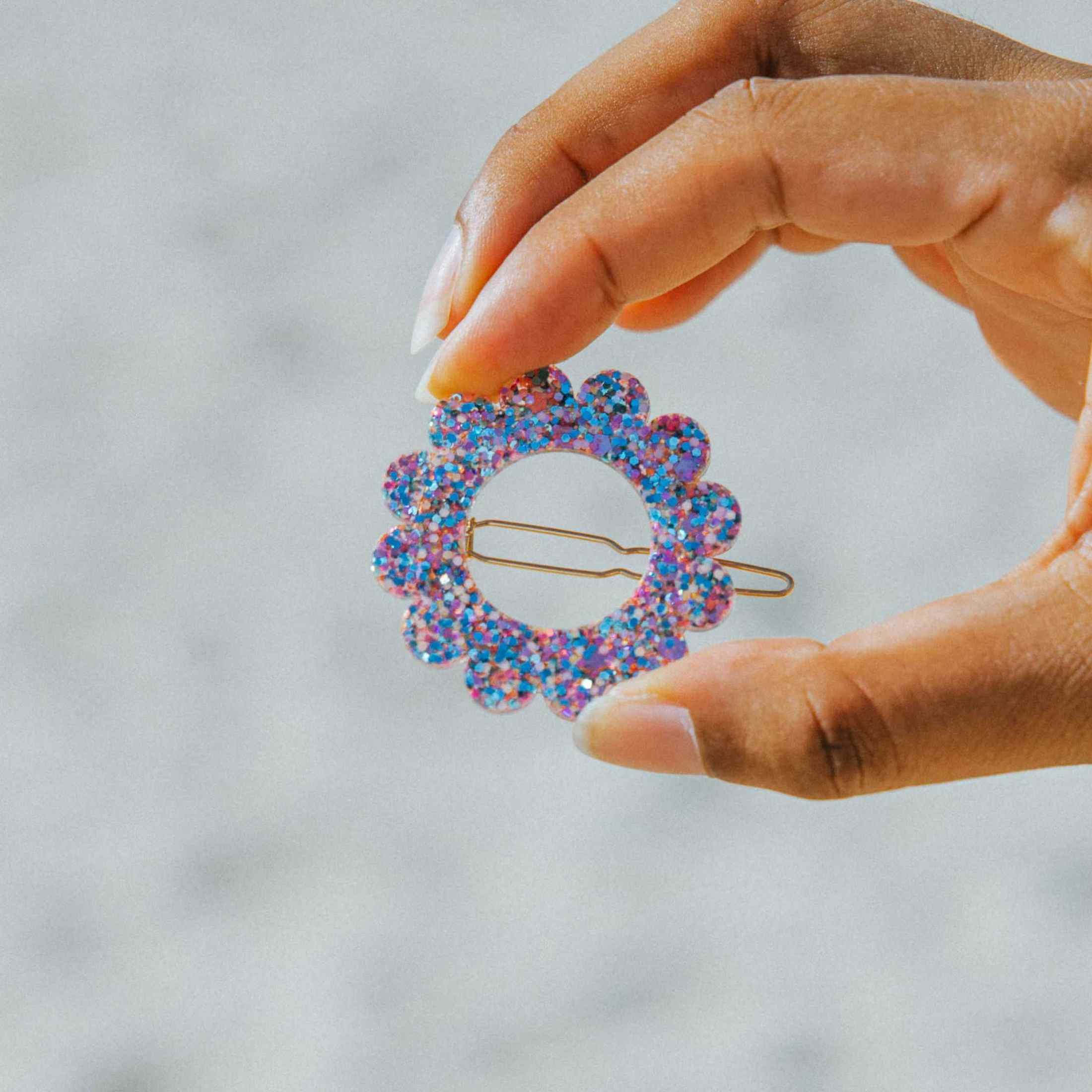 Barrette ronde Sunflower Orange Bleu Parme
