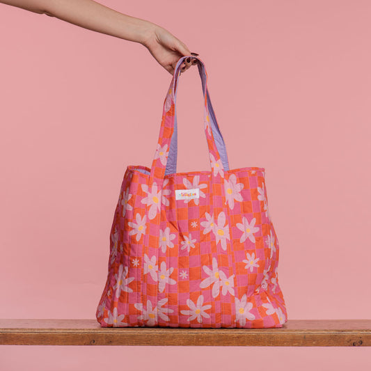 Cabas Matelassé Damier Fleuri