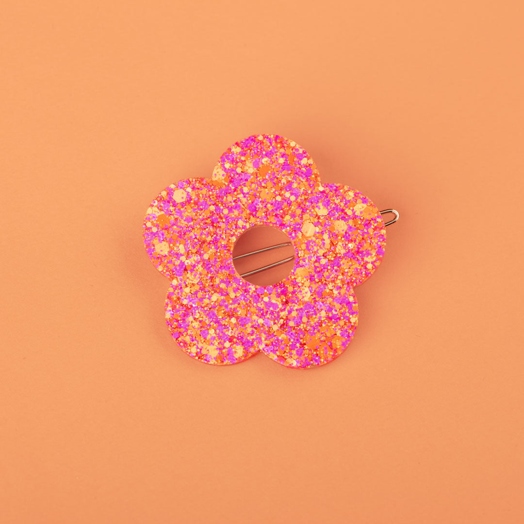Barrette ronde Fleur Fuchsia Orange-Les Nicolettes