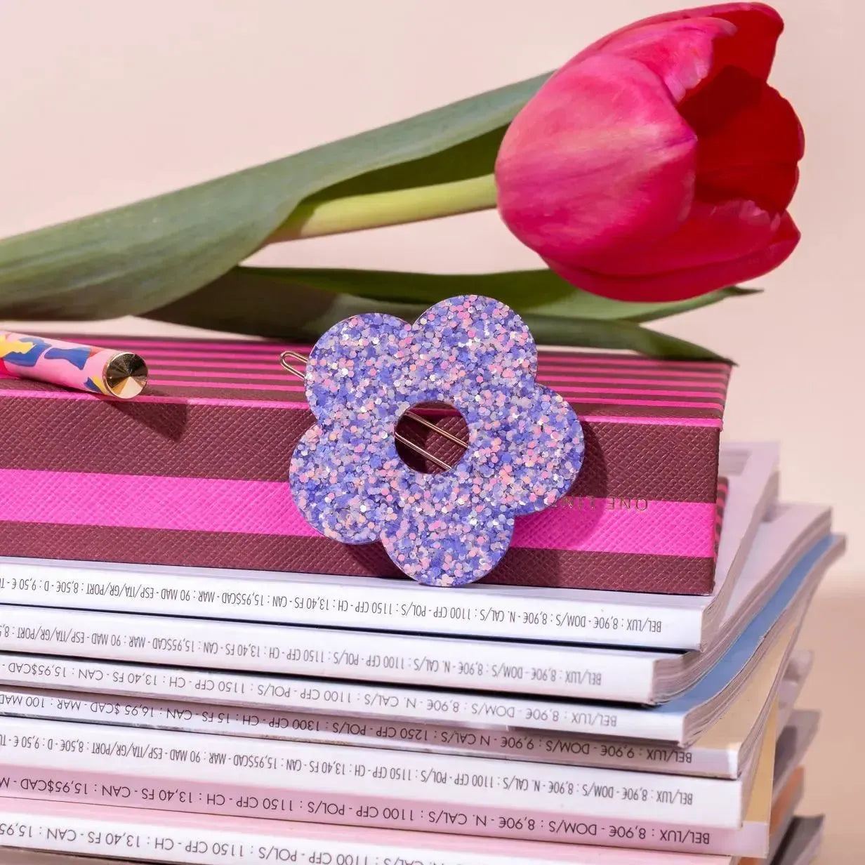 Barrette ronde Fleur Mauve Orange-Les Nicolettes