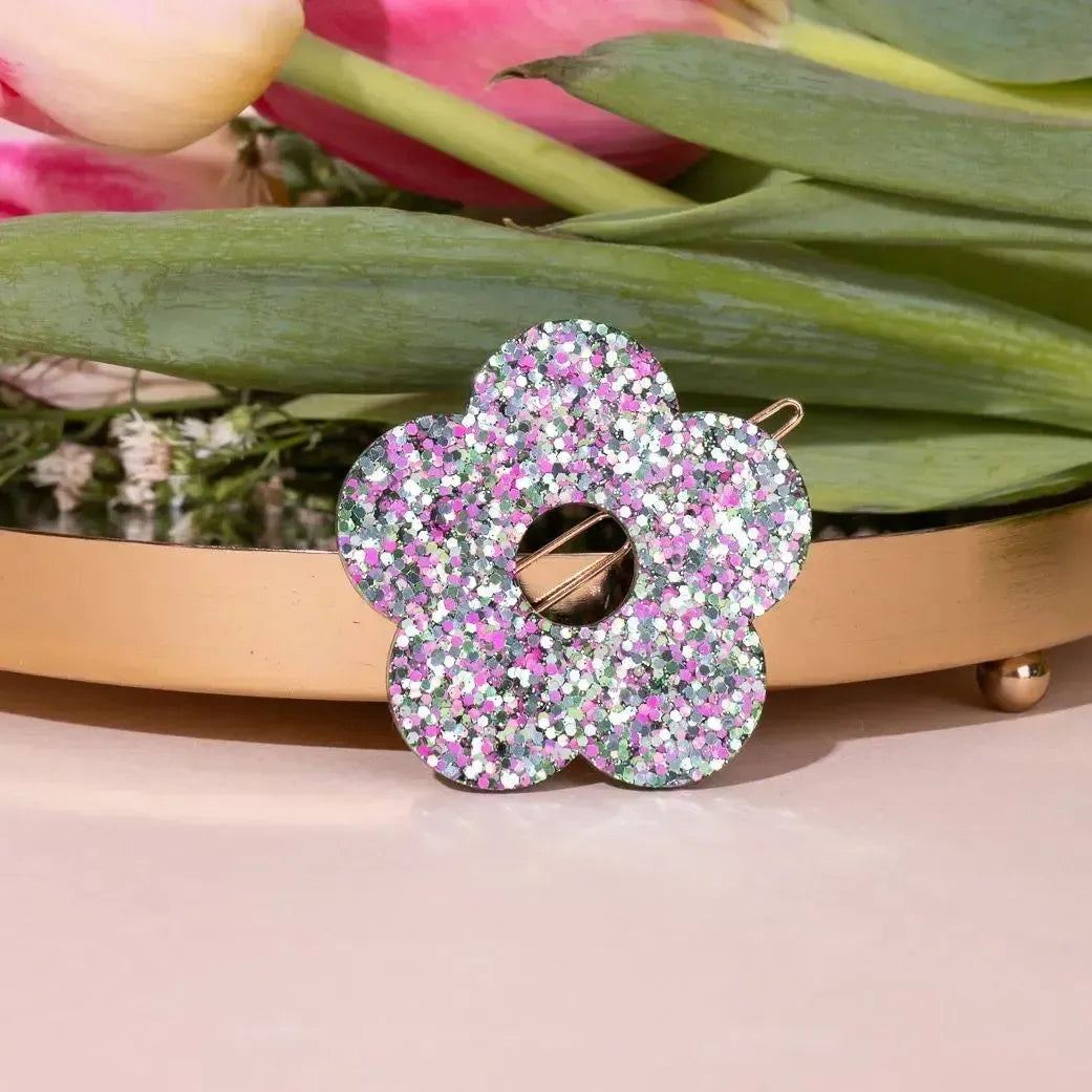 Barrette ronde Fleur Mix Vert Rose-Les Nicolettes