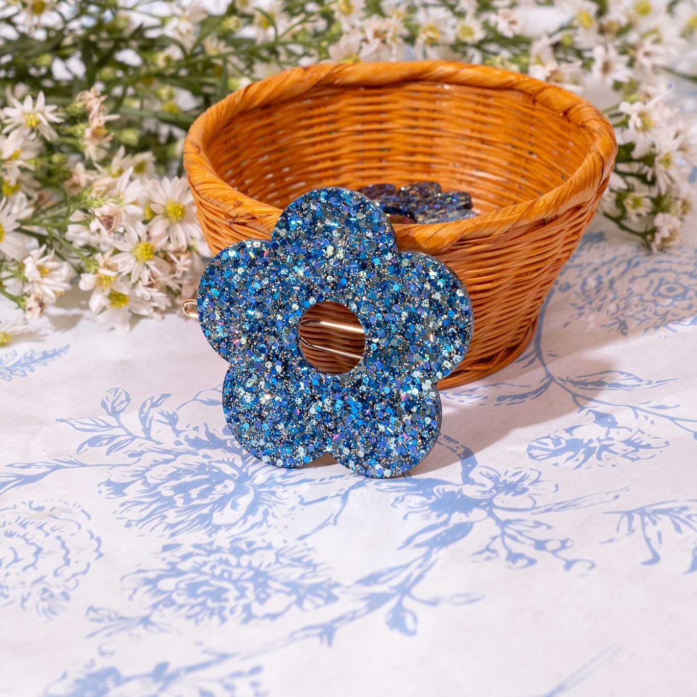 Barrette ronde Fleur Mix Bleu