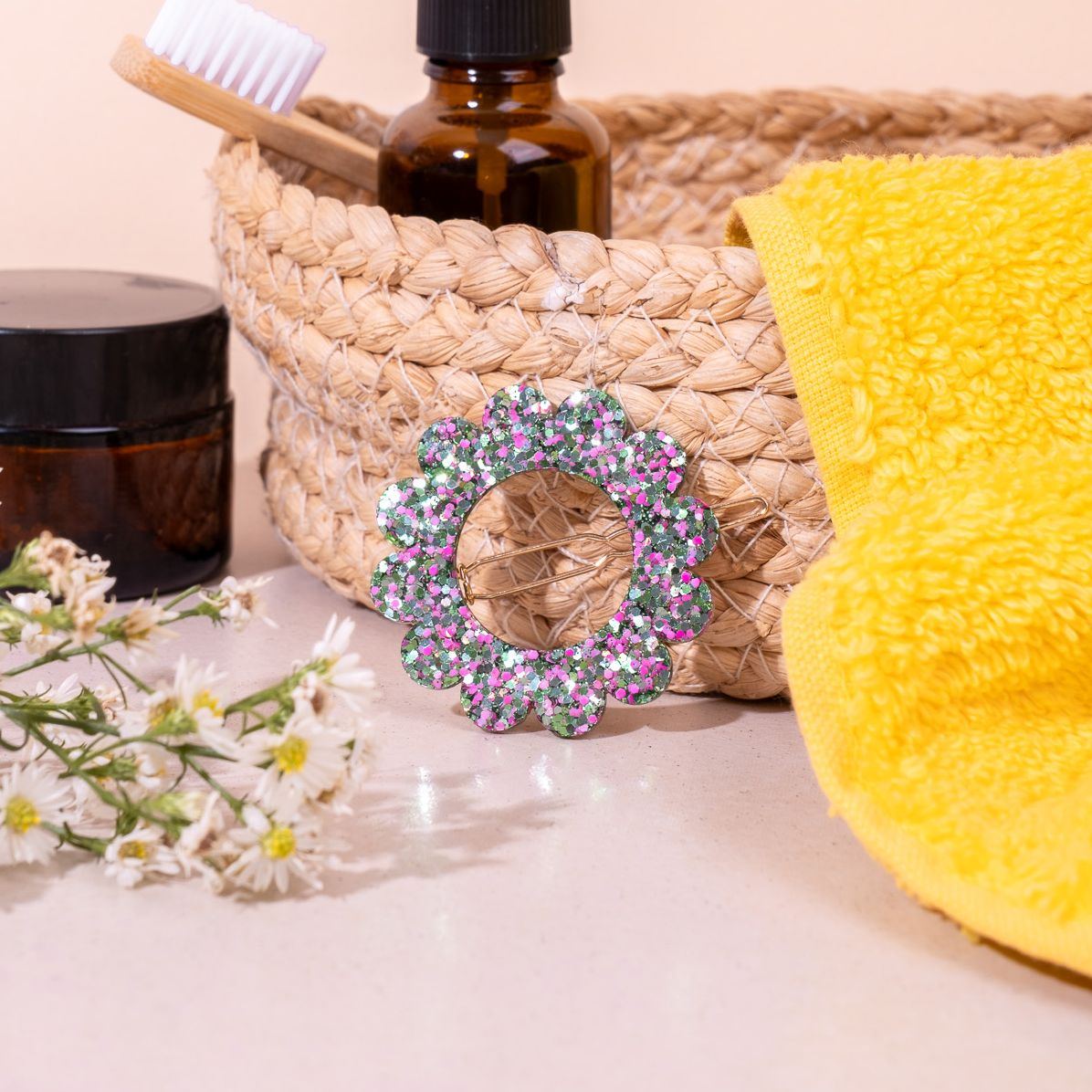Barrette ronde Sunflower Mix Vert Rose