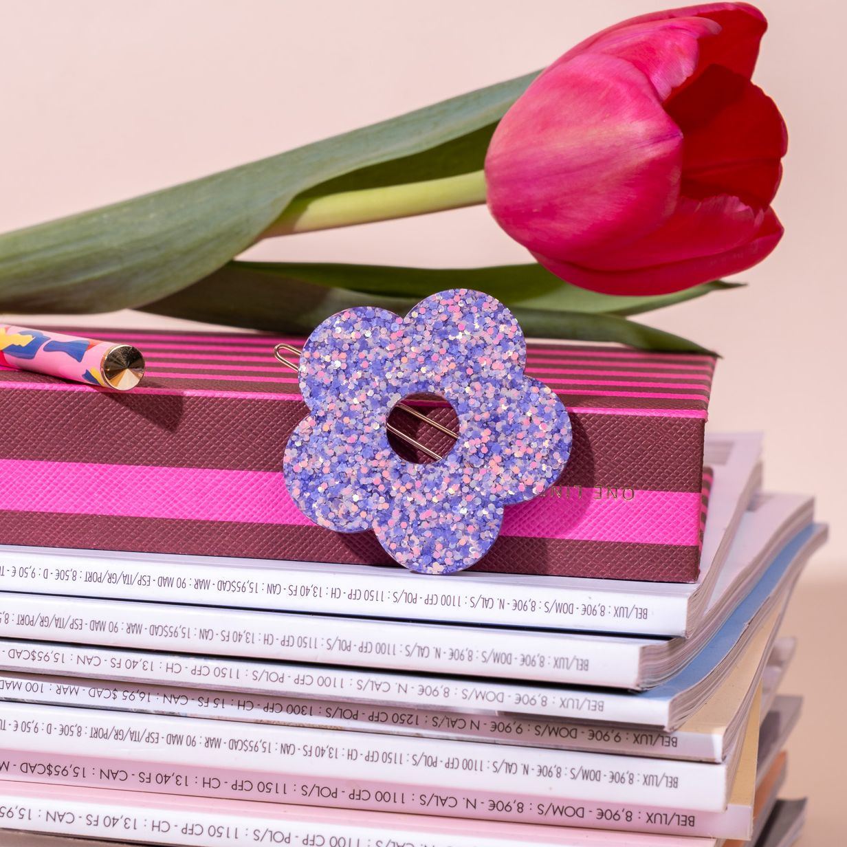 Barrette ronde Fleur Mauve Orange