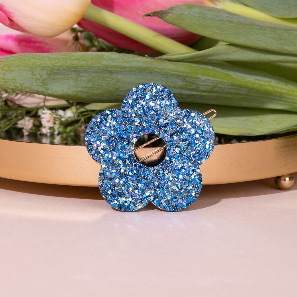 Barrette ronde Fleur Mix Bleu