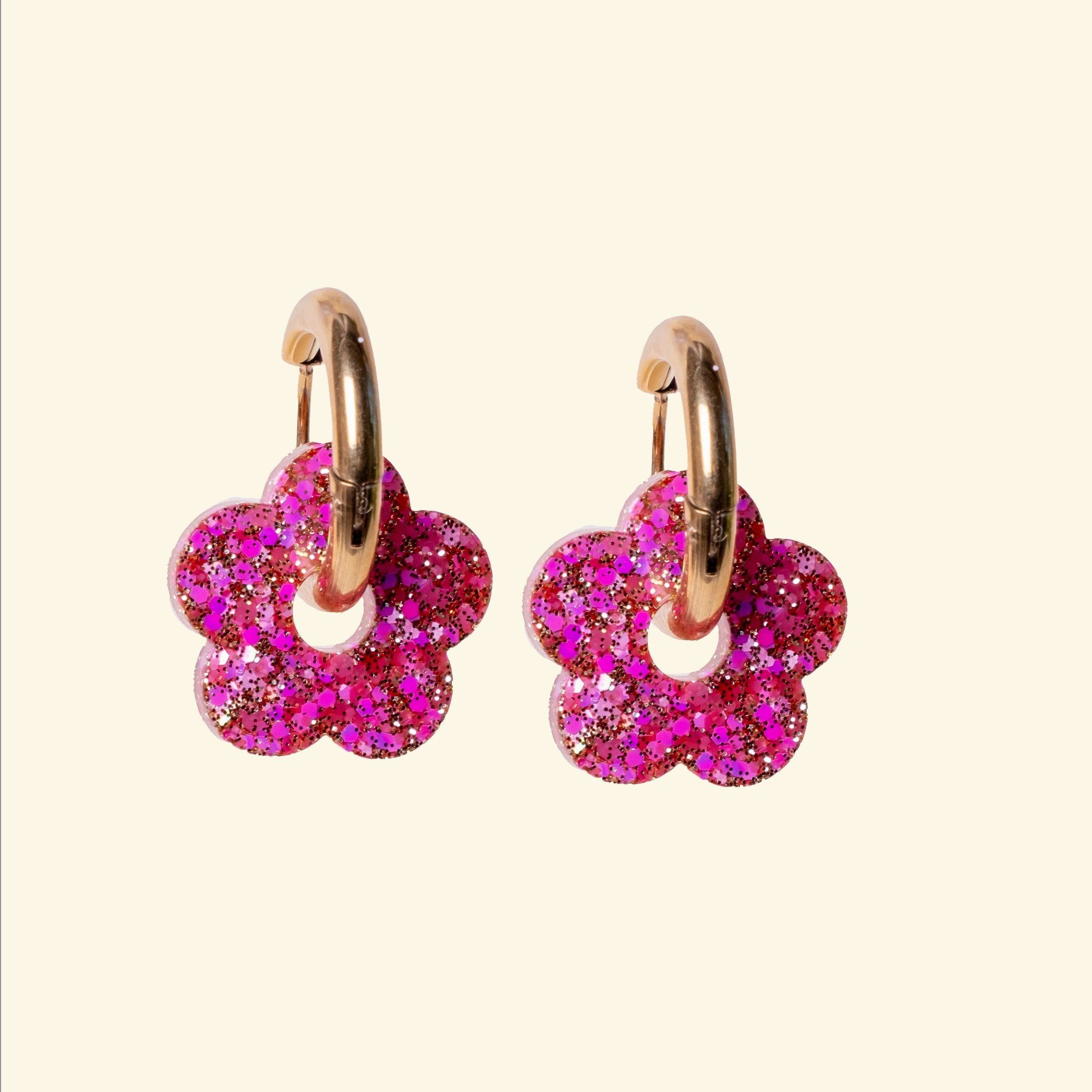 Mixed Flower Hoop Earrings Pink Red