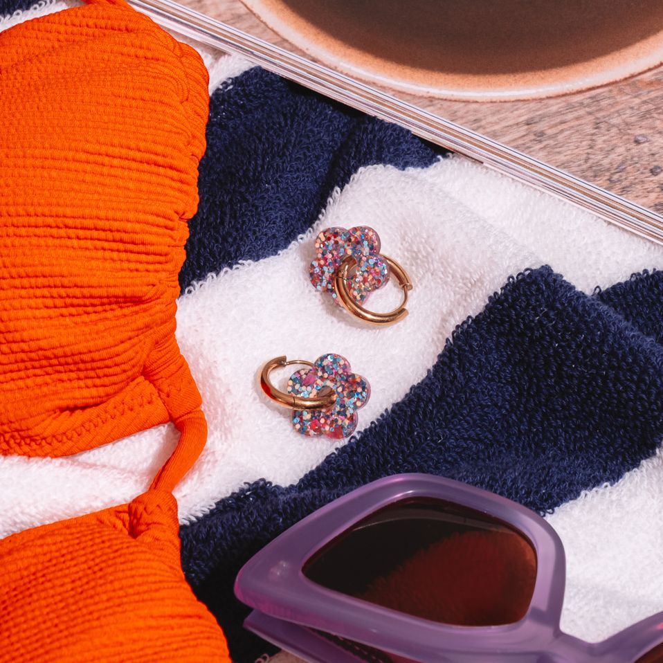 Mini Hoop Earrings Orange Blue Lavender Flower