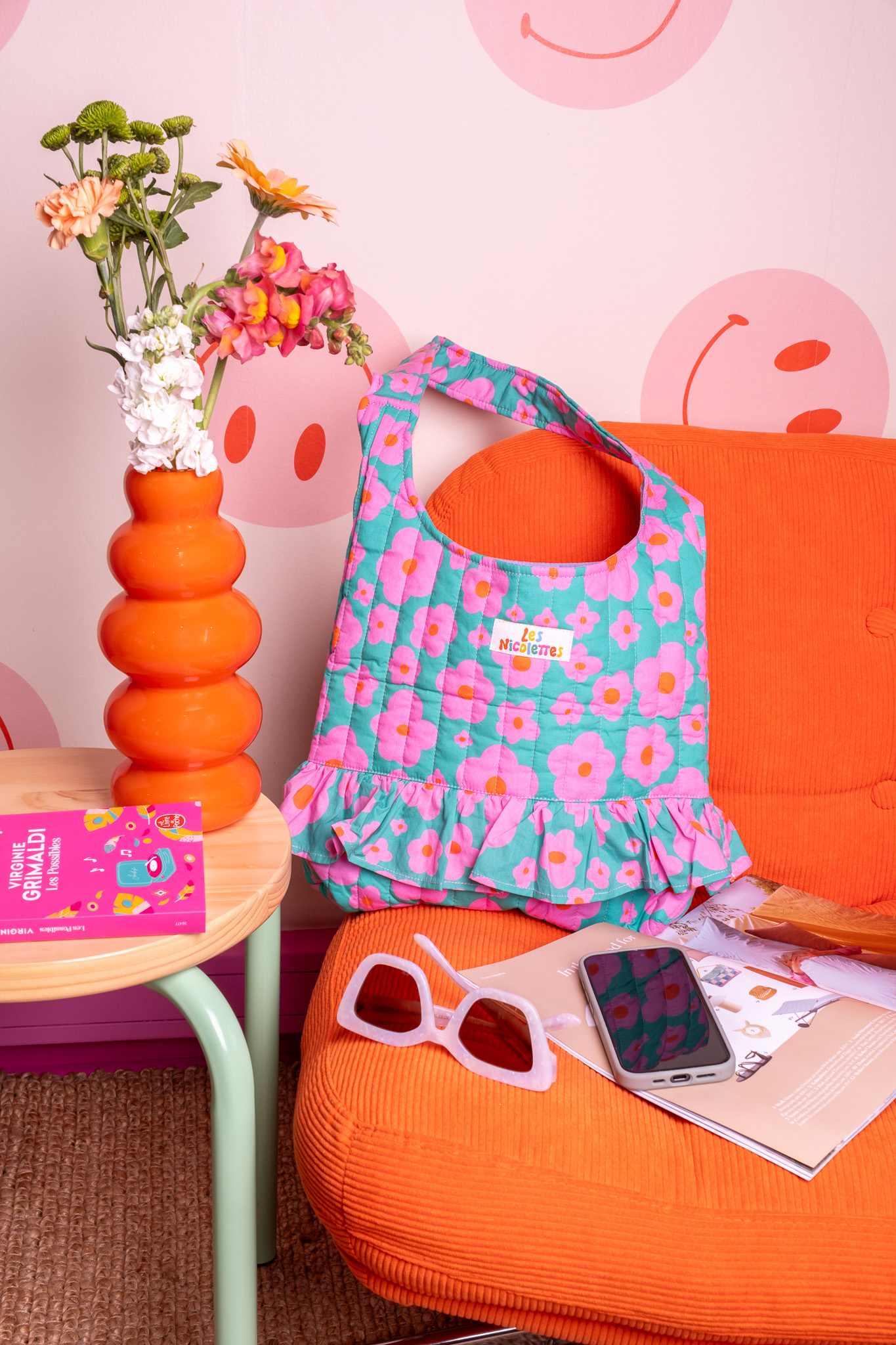 Borsa Celeste Fiori Verde Rosa
