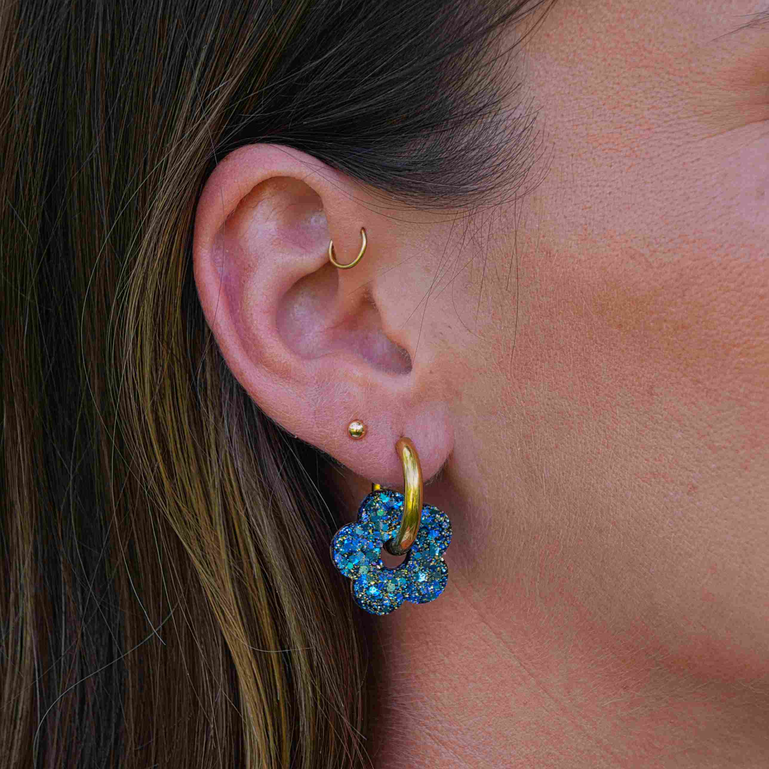 Blue Mixed Flower Hoop Earrings