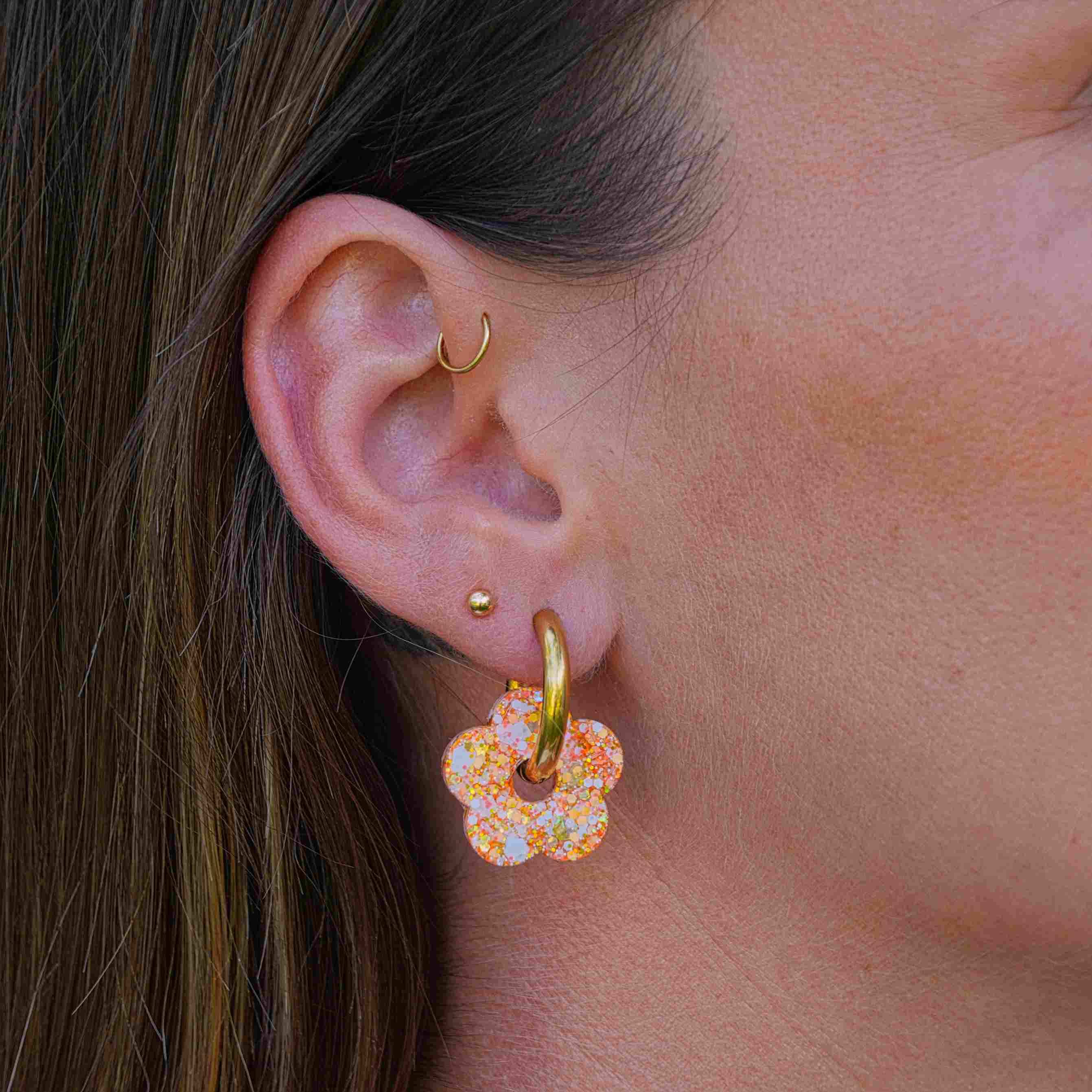 Ivory Orange Flower Hoop Earrings