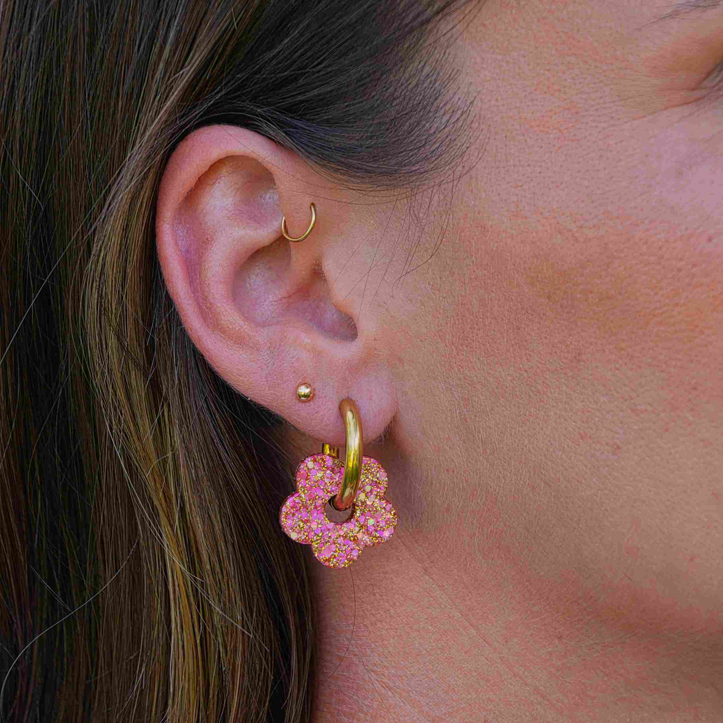 Mixed Flower Hoop Earrings Pink Red