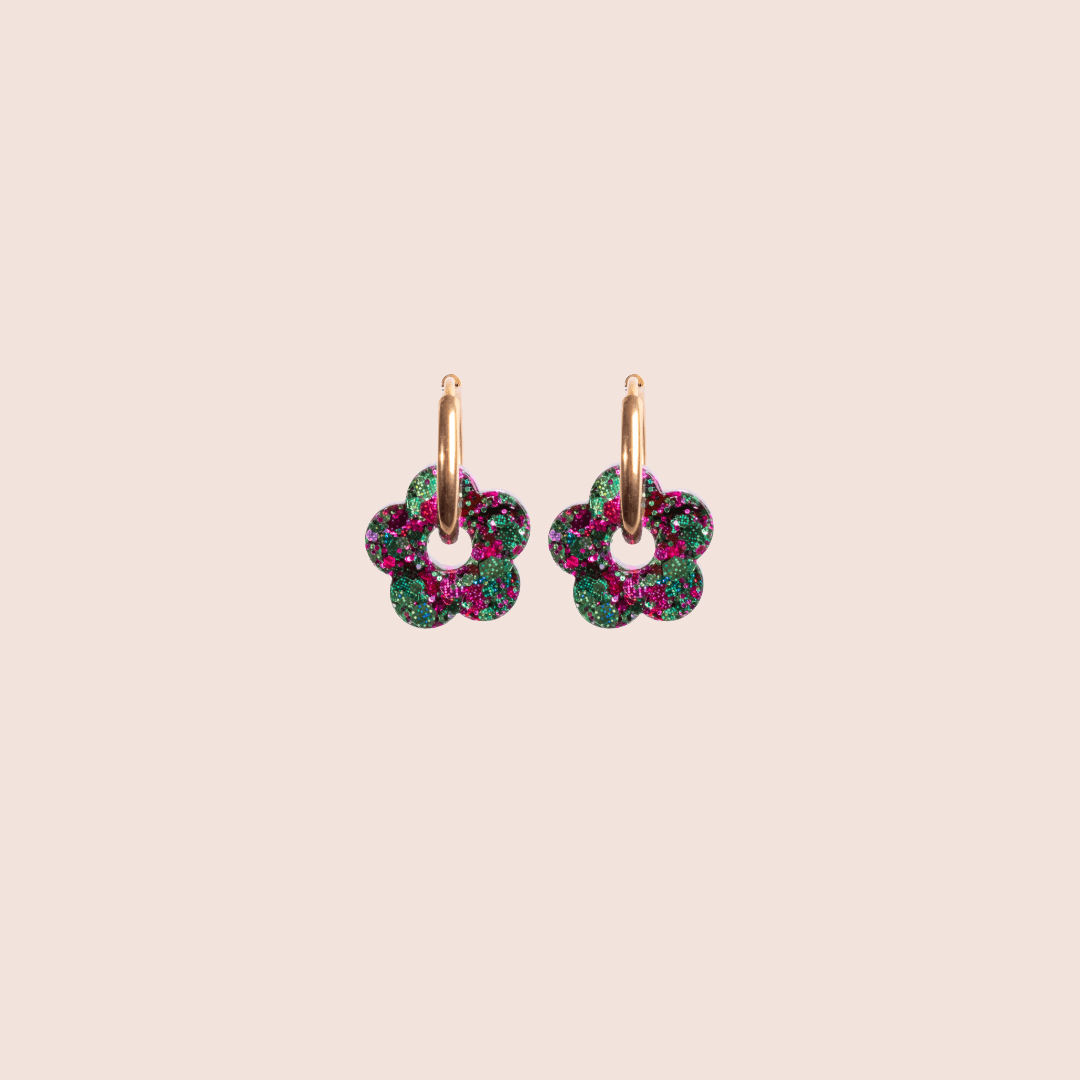 Créoles Mini Fleur Émeraude Fuchsia-Les Nicolettes