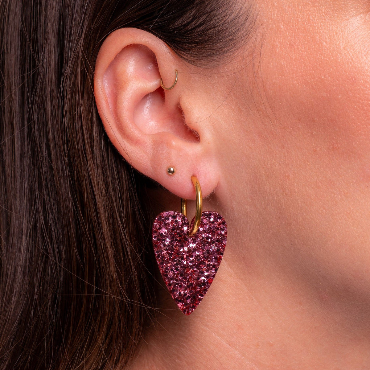 Boucles d'oreilles Cœur Champagne Rosé portées-Les Nicolettes