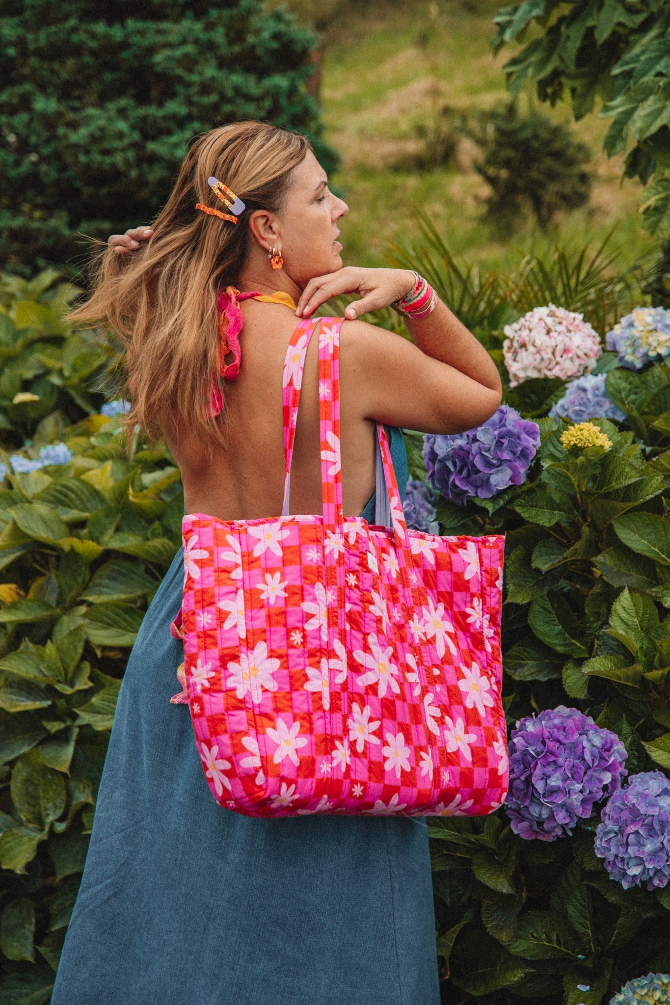 Quilted Floral Checkered Tote